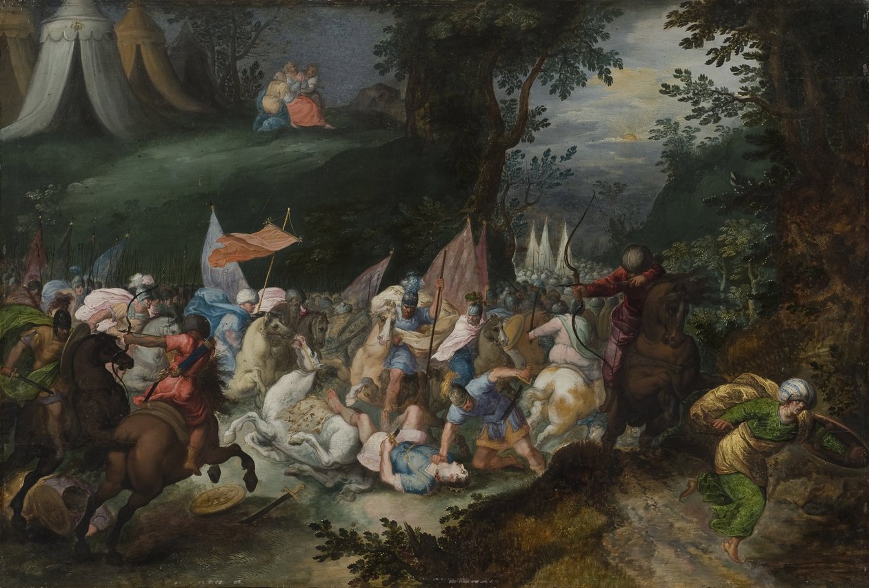 Bataille entre les Israelites et les Amalecites - Kamp mellem israelitterne og amalekiterne, af Casteels, Pauwels (aktiv ca. 1649-1680). Olie på træ. Mål: 45x65 cm. Nationalmuseum Stockholm af Pauwel Casteels