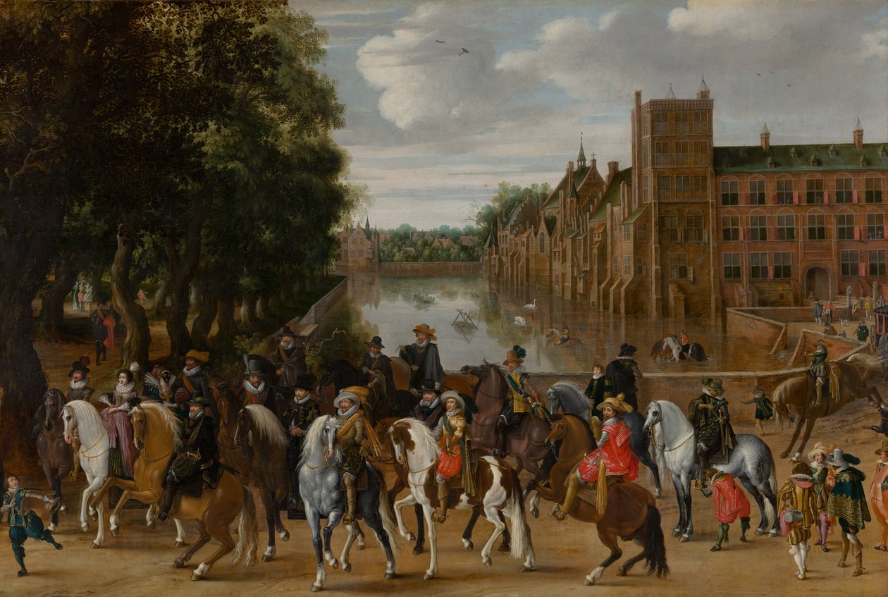 Prinserne af Orange og deres familier til hest, rider ud fra The Buitenhof, Haag, ca. 1621-22 af Pauwels I van Hillegaert