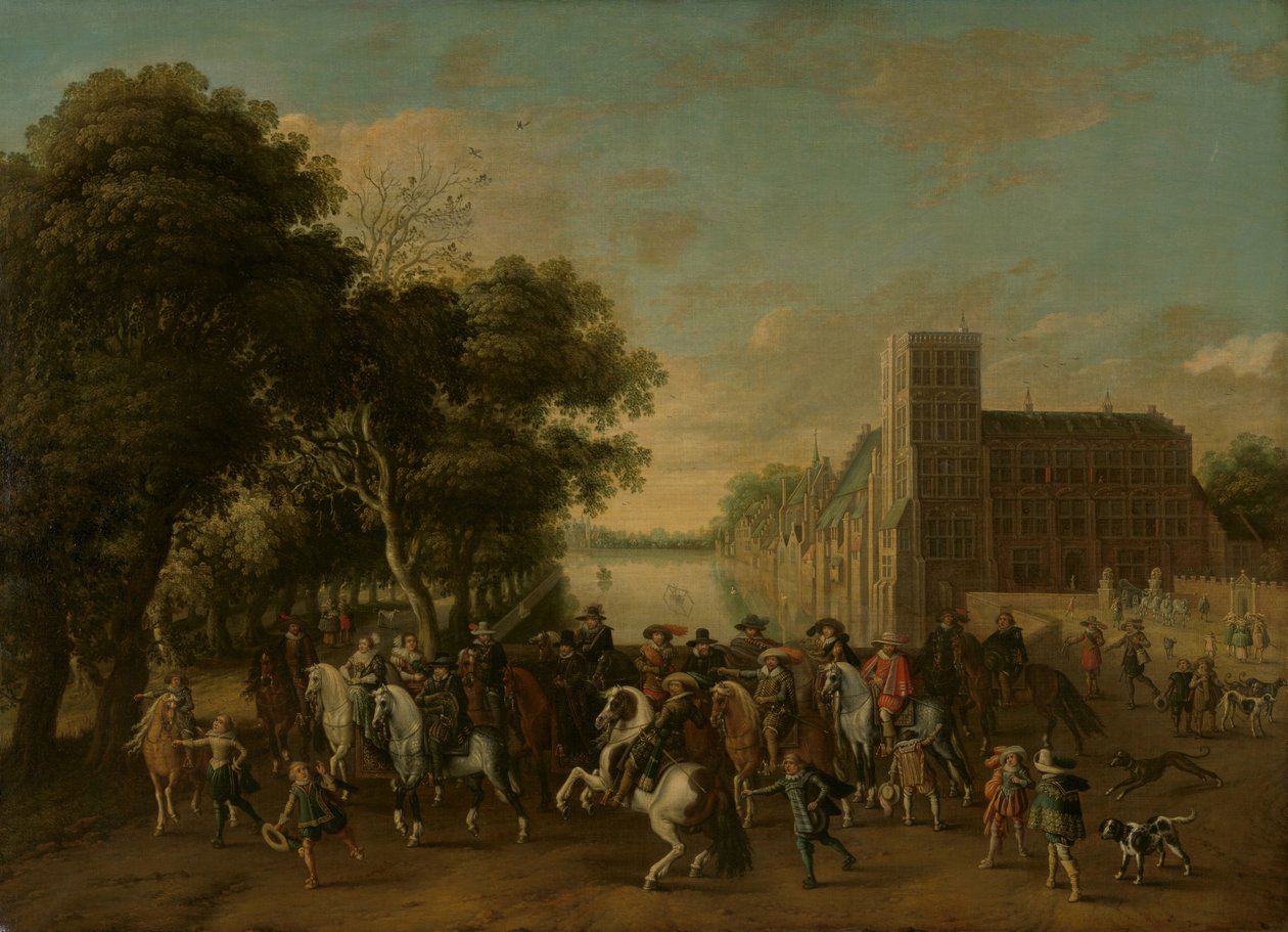 Prins Maurits, ledsaget af Prins Frederik Hendrik, Frederik V af Bøhmen og hans Hustru Elizabeth Stuart m.fl., på Buitenhof, Haag af Pauwels van Hillegaert