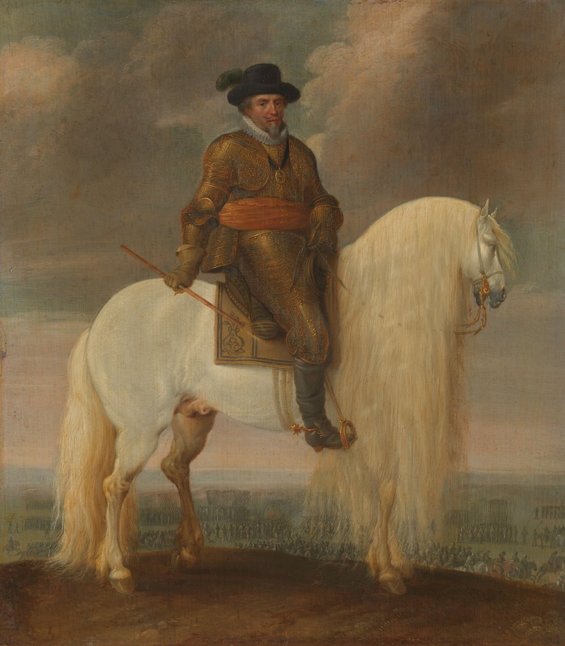 Prins Maurits på tværs af den hvide krigshest, der blev præsenteret for ham efter hans sejr i Nieuwpoort af Pauwels van Hillegaert