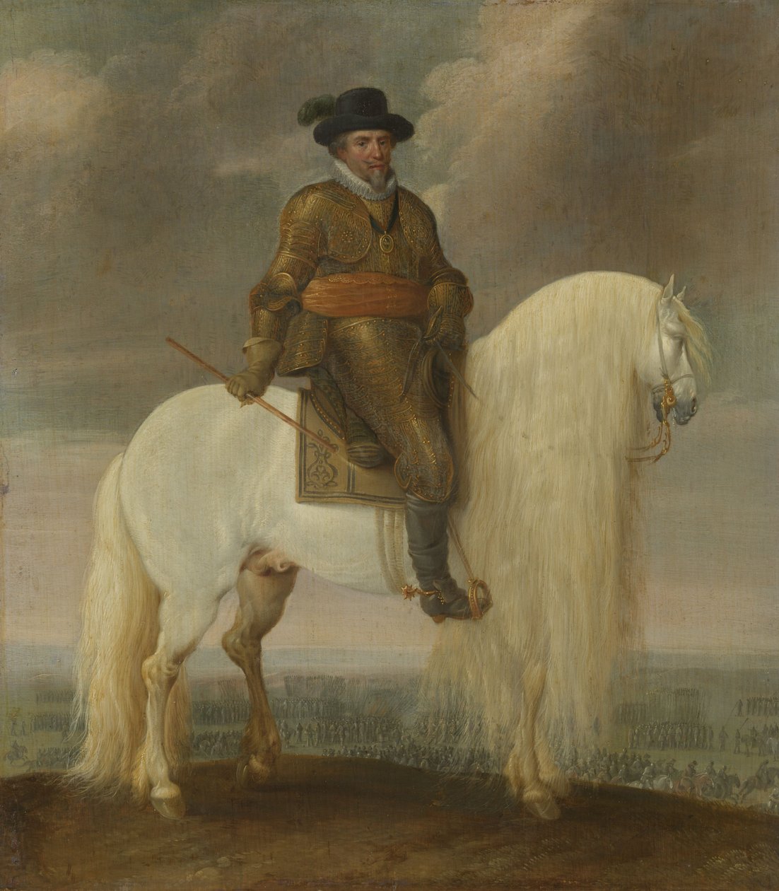 Prins Maurice sidder på den hvide kamphingst, som han fik foræret efter sejren i slaget ved Nieuwpoort. af Pauwels van Hillegaert