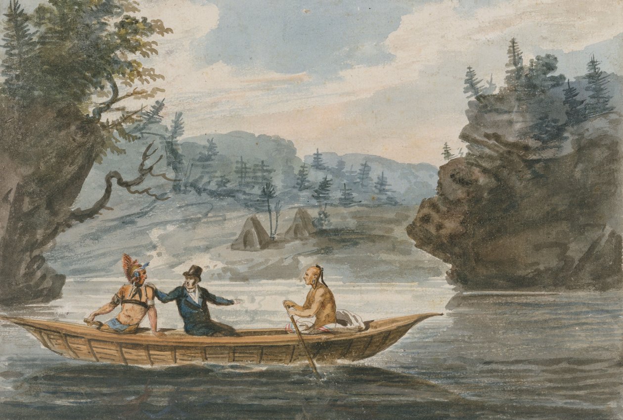 To indianere og en hvid mand i en kano, 1811-13 af Pavel Petrovich Svinin