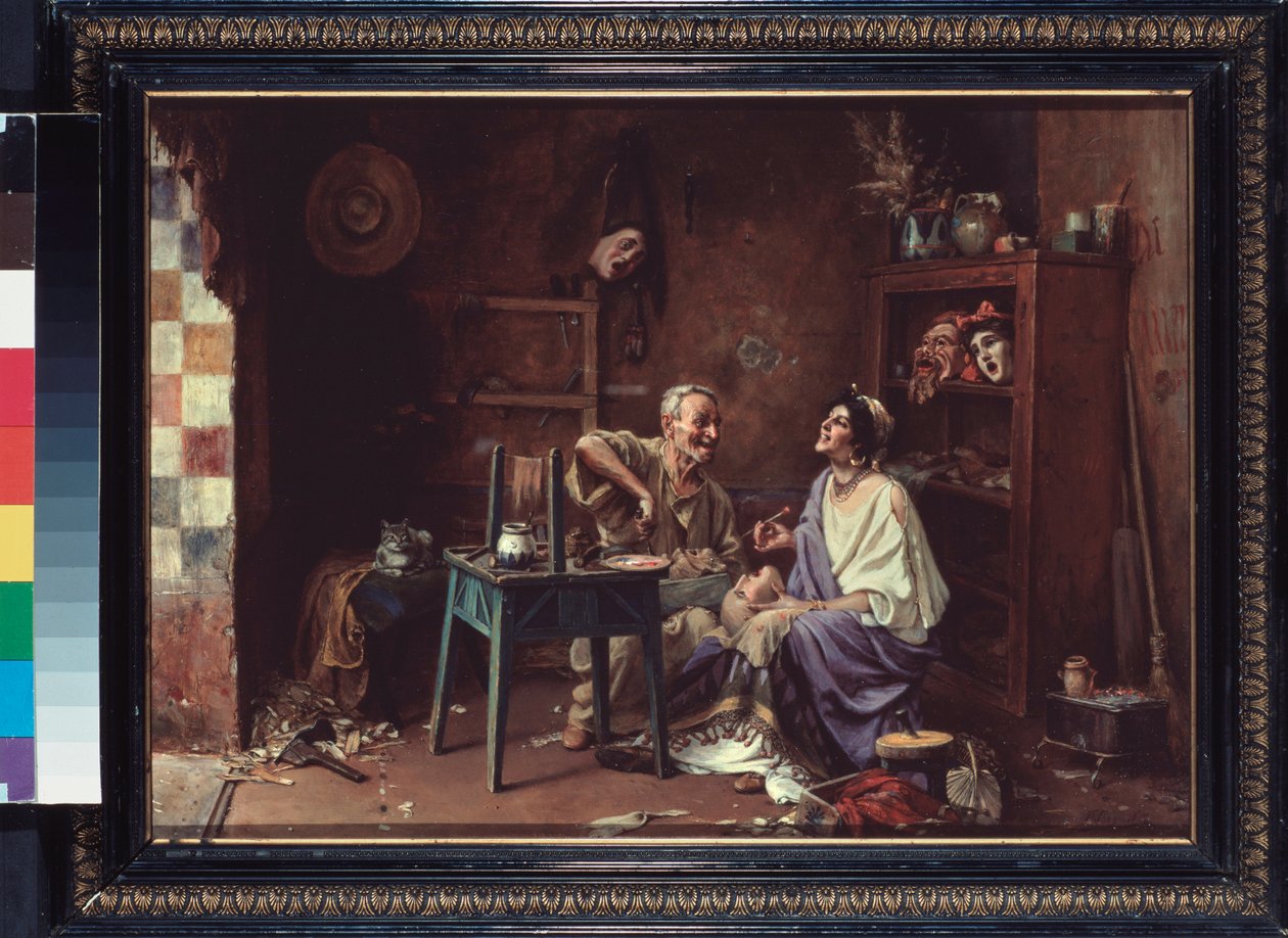 Atelier de masque (Maske Workshop) - Peinture de Pavel Alexandrovich Svedomsky (Svedomski) (1849-1904), olie på lærred af Pavel Alexandrovich Svedomsky