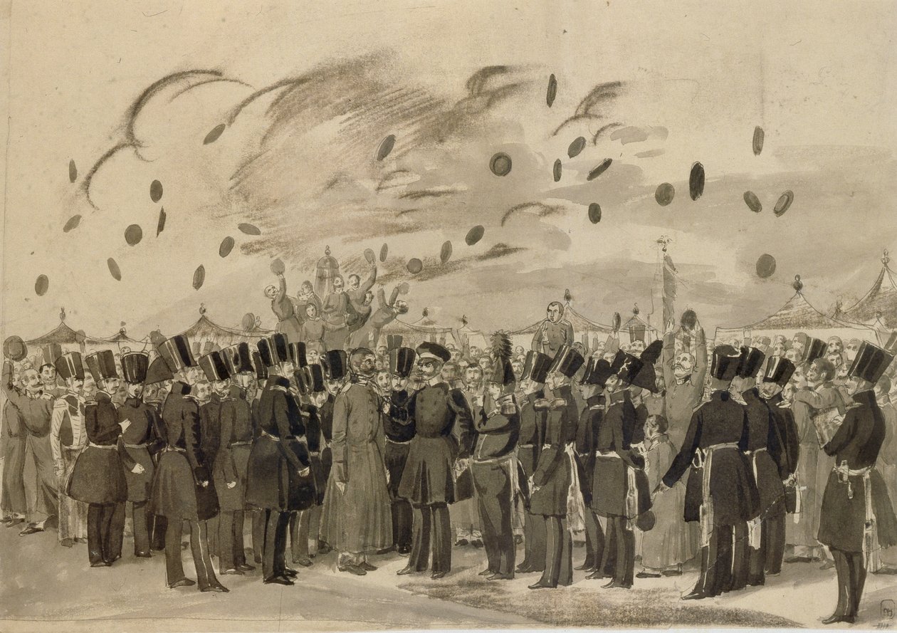 Storhertug Mikhail Pavlovich besøger lejren for Life-Guard Finland Regiment den 8. juli 1837, 1837 af Pavel Andreevich Fedotov