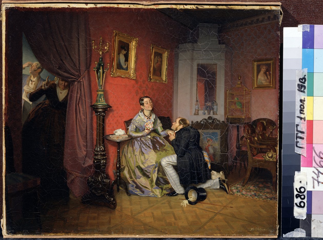 Den komplicerede brud (Difficult Bride). Scene i et borgerligt interiør med en mand på knæ foran en kvinde, der måske trygler hende om at gifte sig med ham. To tjenere lytter til samtalen gemt bag et gardin. Maleri af Pavel Andreyevich af Pavel Andreevich Fedotov