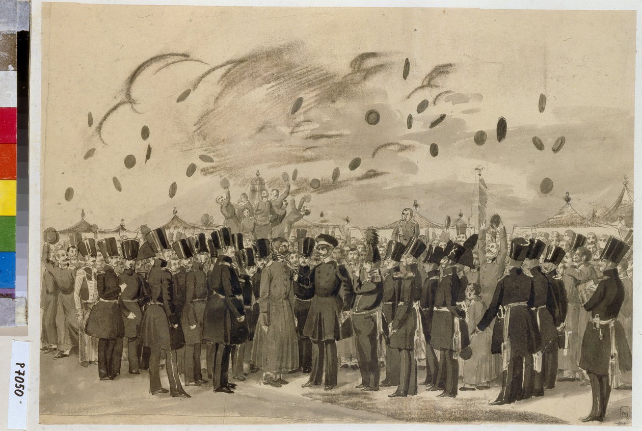 Storhertug Michael Pavlovich (1798-1849) besøger lejren for det finske kejserlige garderegiment (eller Finliandski garderegiment), 8. juli 1837. (Storhertug Mikhail Pavlovich besøger lejren for det finske livgarderegiment den 8. juli af Pavel Andreevich Fedotov