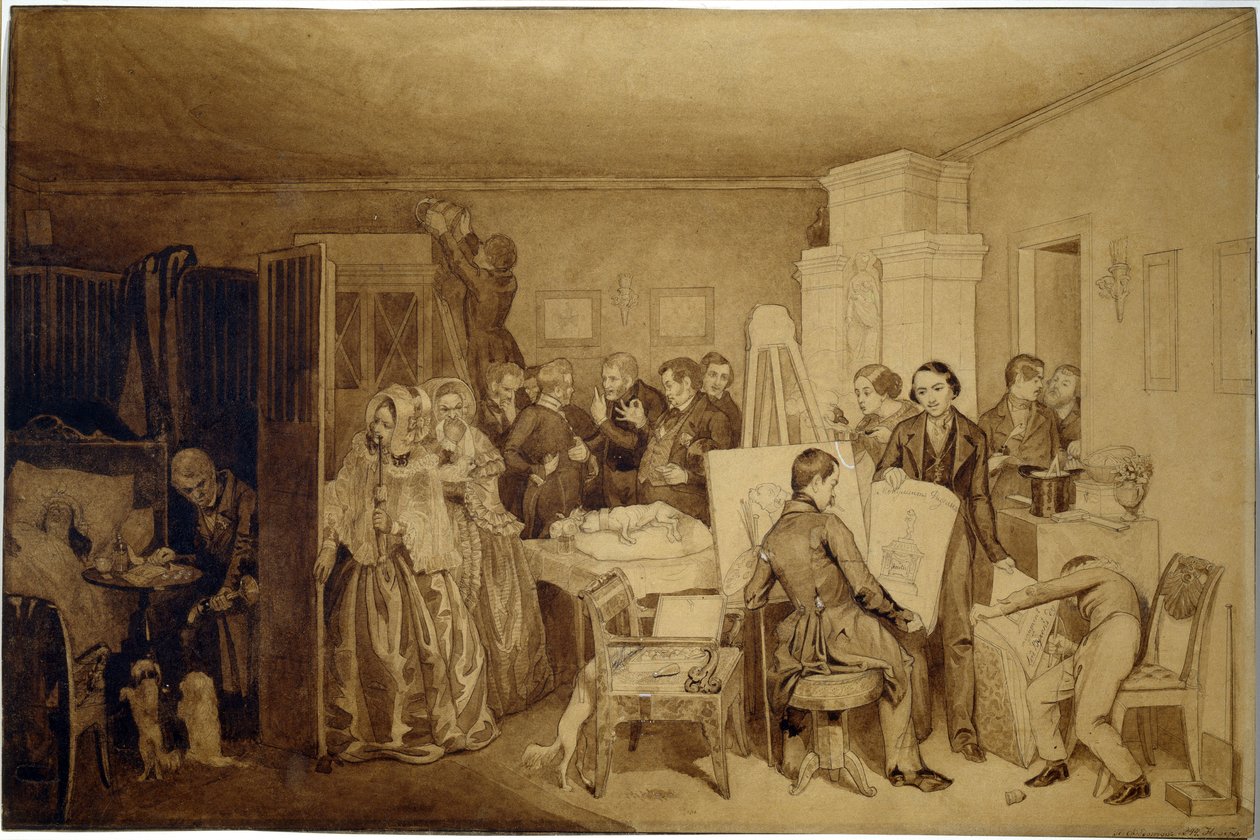Konsekvenserne af Fidelkas død - Værk af Pavel Andreyevich Fedotov (1815-1852), indisk blæk og sepia på papir af Pavel Andreevich Fedotov
