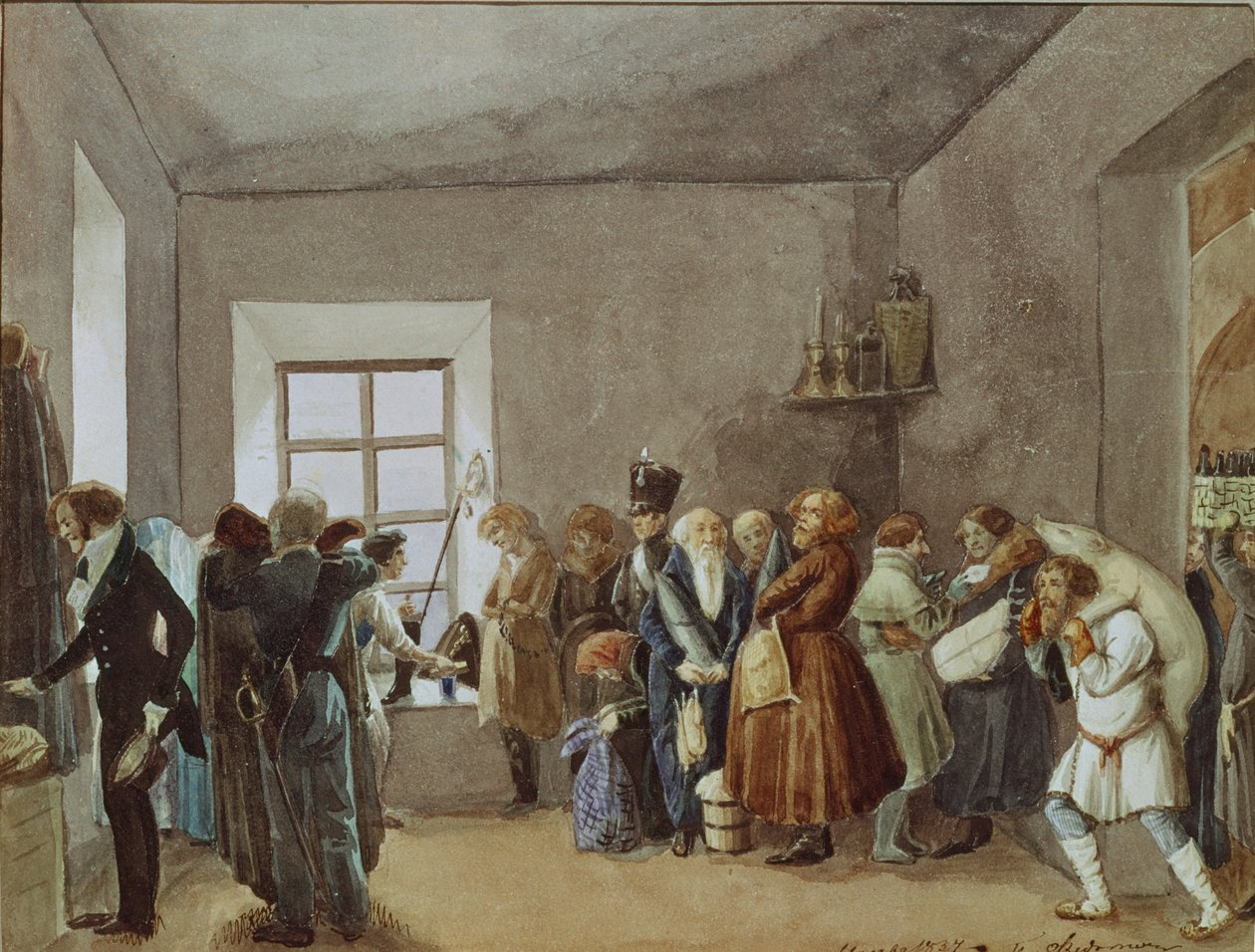 Politikommissærernes receptionslokale natten før en ferie, 1837 af Pavel Andreevich Fedotov