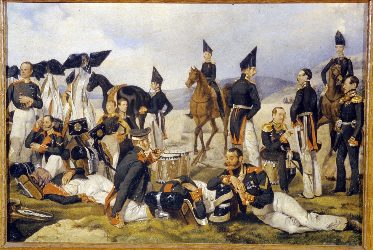 Hvil under en militær kampagne (The Rest during a Campaign). Beskrivelse af en russisk kavalerienhed i frontlinjen, nogle sover, nogle ryger, alle ser trætte, betænksomme og bekymrede ud. Pavel Andreyevich Fedotovs arbejde (1815-1 af Pavel Andreevich Fedotov