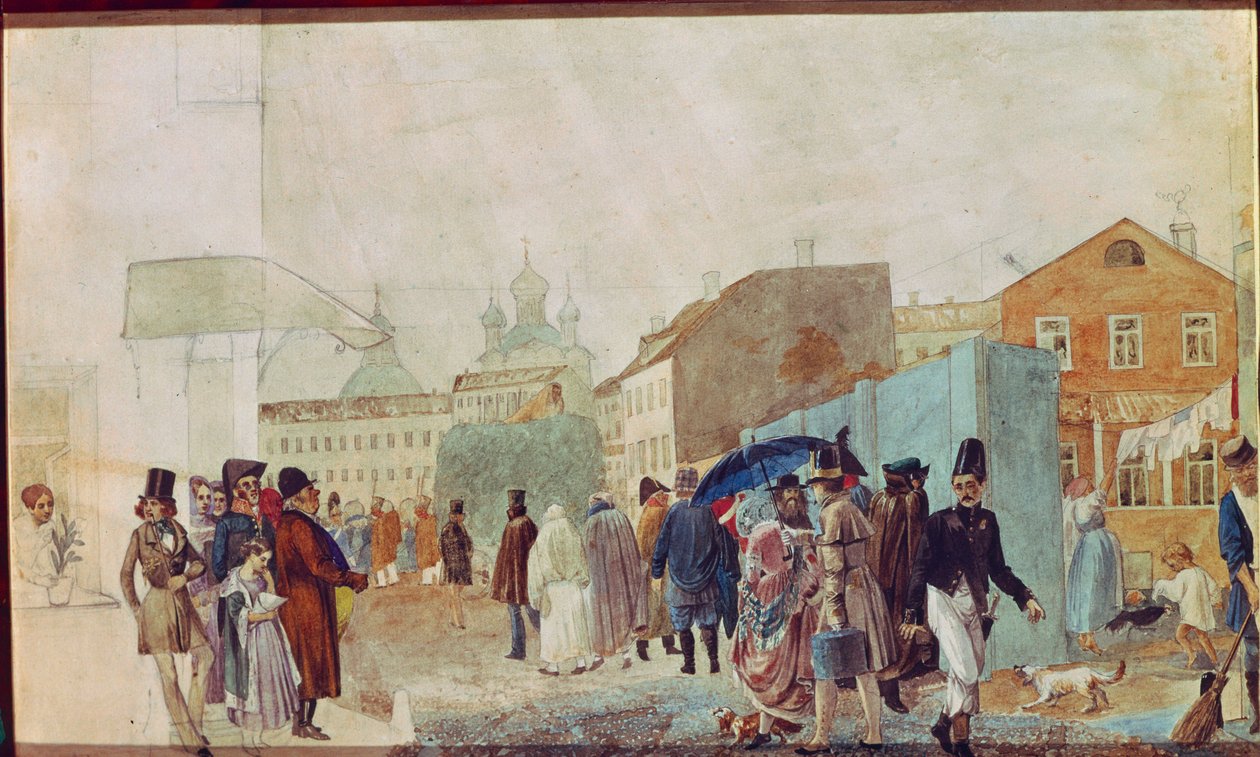 Gadebillede i regnen i Moskva. Værk af Pavel Andreyevich Fedotov (1815-1852), akvarel på papir af Pavel Andreevich Fedotov
