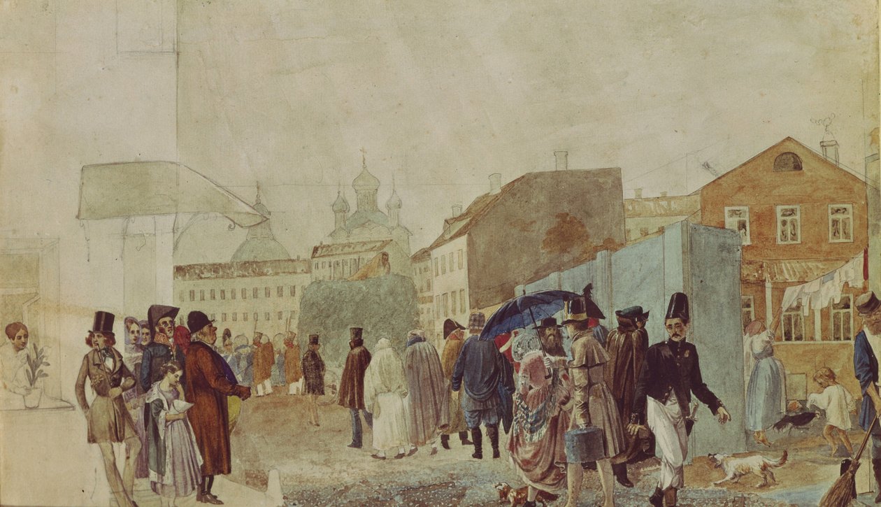 Gadescene i Moskva under regnen, 1837 af Pavel Andreevich Fedotov