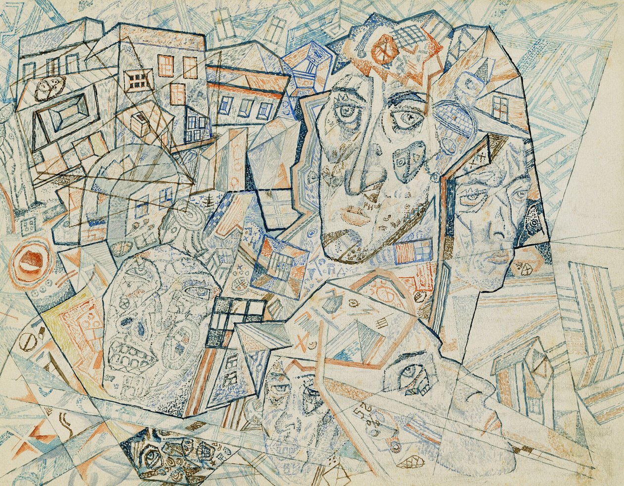 Faces in the City, ca. 1925 (akvarel og pen og blæk på papir) af Pawel Nikolajewitsch Filonow