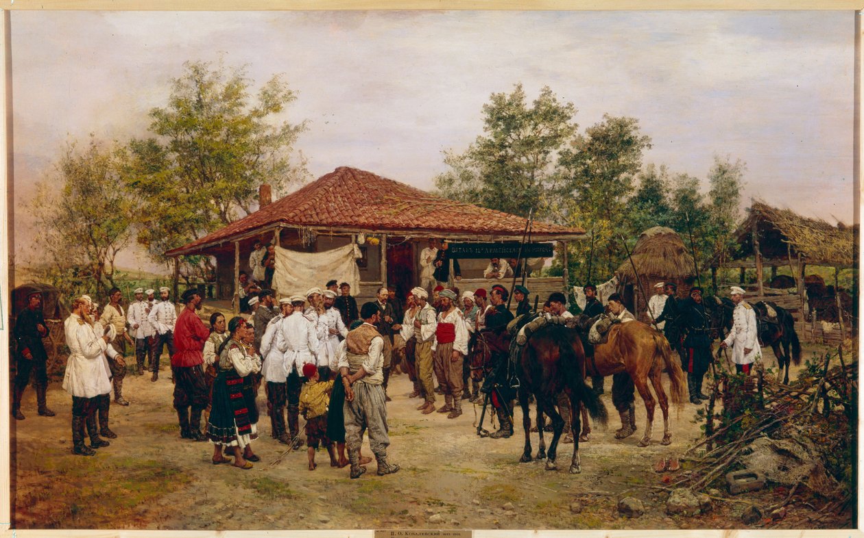 Russisk-tyrkisk (russisk-tyrkisk) krig 1877-1878: de tolv russiske hærkorps under slaget ved Shipka Pass i Bulgarien (Staben på 12 hærkorps i Bulgarien i 1877). Maleri af Pavel Osipovich Kovalevsky af Pavel Osipovich Kovalevsky