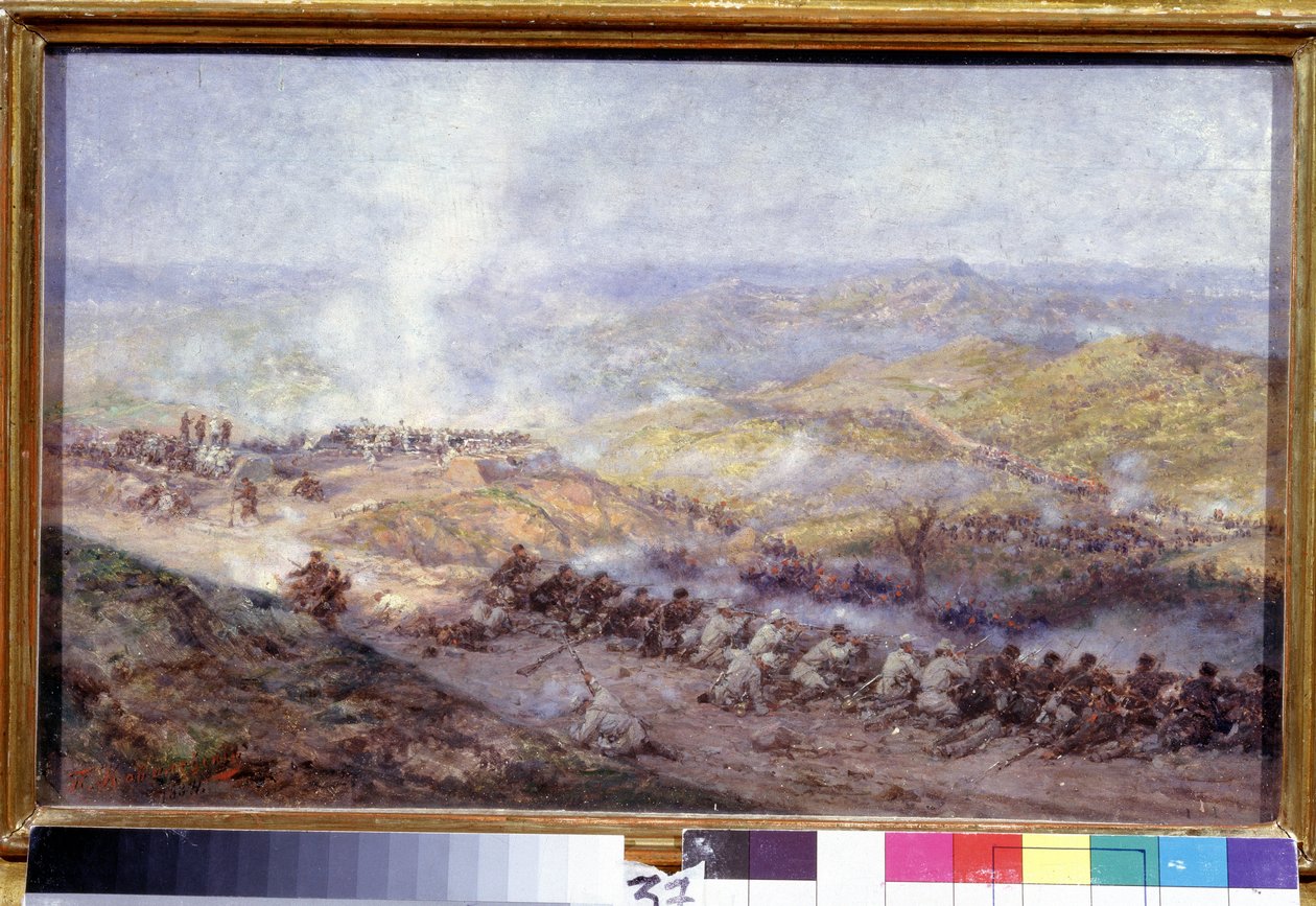 En scene fra den russisk-tyrkiske krig (1876-1878) (En scene fra den russisk-tyrkiske krig). Slagmarken på Balkan, hvor soldaterne fra den russiske hær og Det Osmanniske Rige støder sammen, under belejringen af ​​Pleven (eller Plevna, i Bulgarien), i 1877. af Pavel Osipovich Kovalevsky