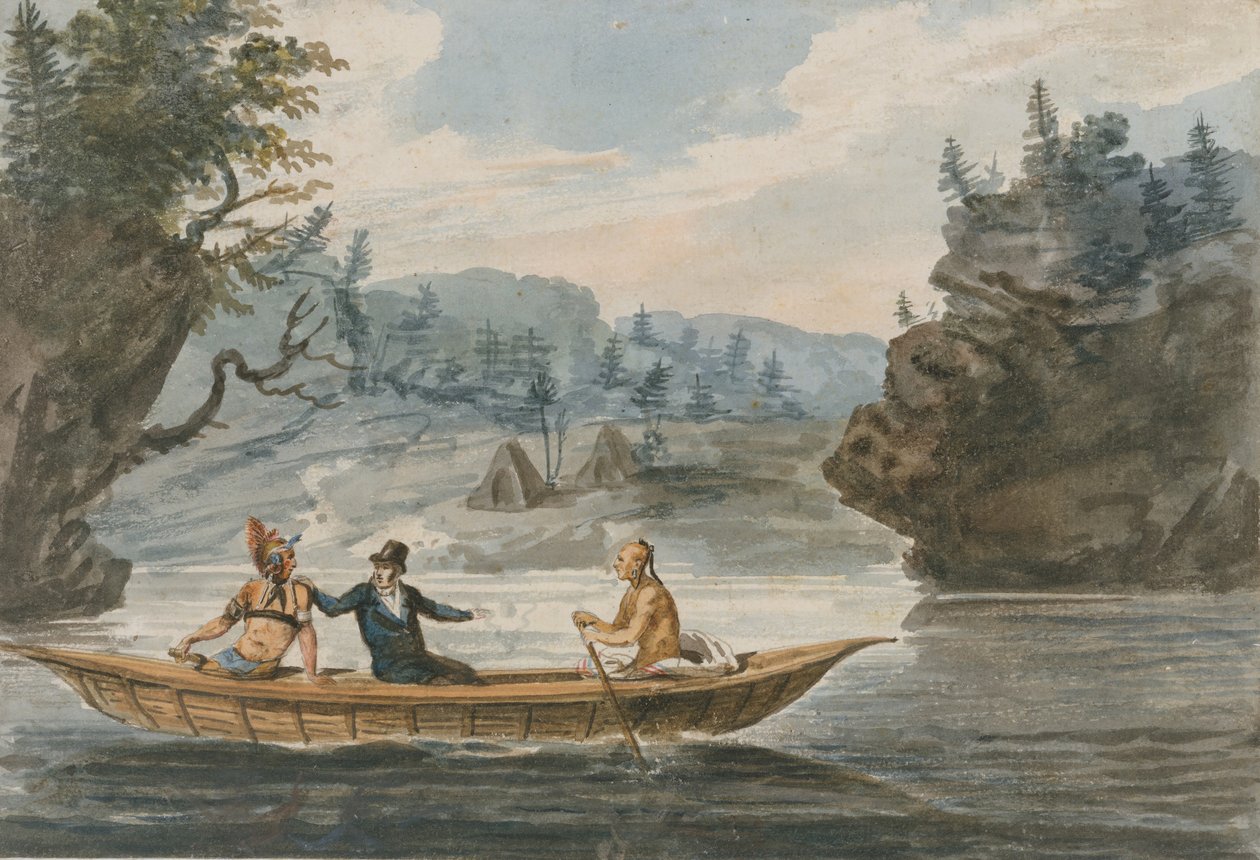 To indianere og en hvid mand i en kano, 1811-ca. 1813. af Pavel Petrovic Svin