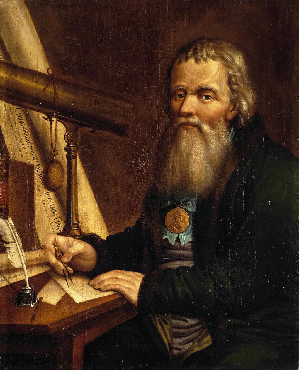 Portræt af Ivan Petrovich Koulibine (Kulibin) (1735-1818), russisk opfinder og mekaniker, ved hjælp af et kompas (Portræt af mekanikeren og opfinderen Ivan P. Kulibin). Maleri af Pavel Petrovich Vedenetsky (1766-1847) af Pavel Petrovich Vedenetsky