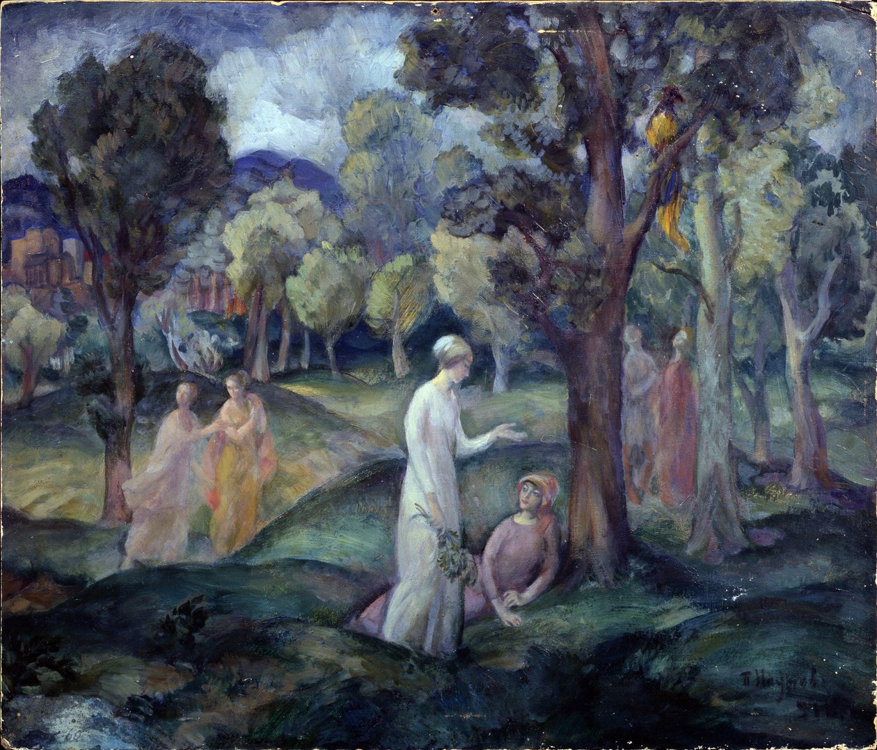 En tur gennem marker. (En tur gennem markerne). Fritidsscene, unge kvinder mellem træerne i bakkerne. Værk af Pavel Semyonovich Naumov (1884-1942), olie på pap af Pavel Semenovich Naumov