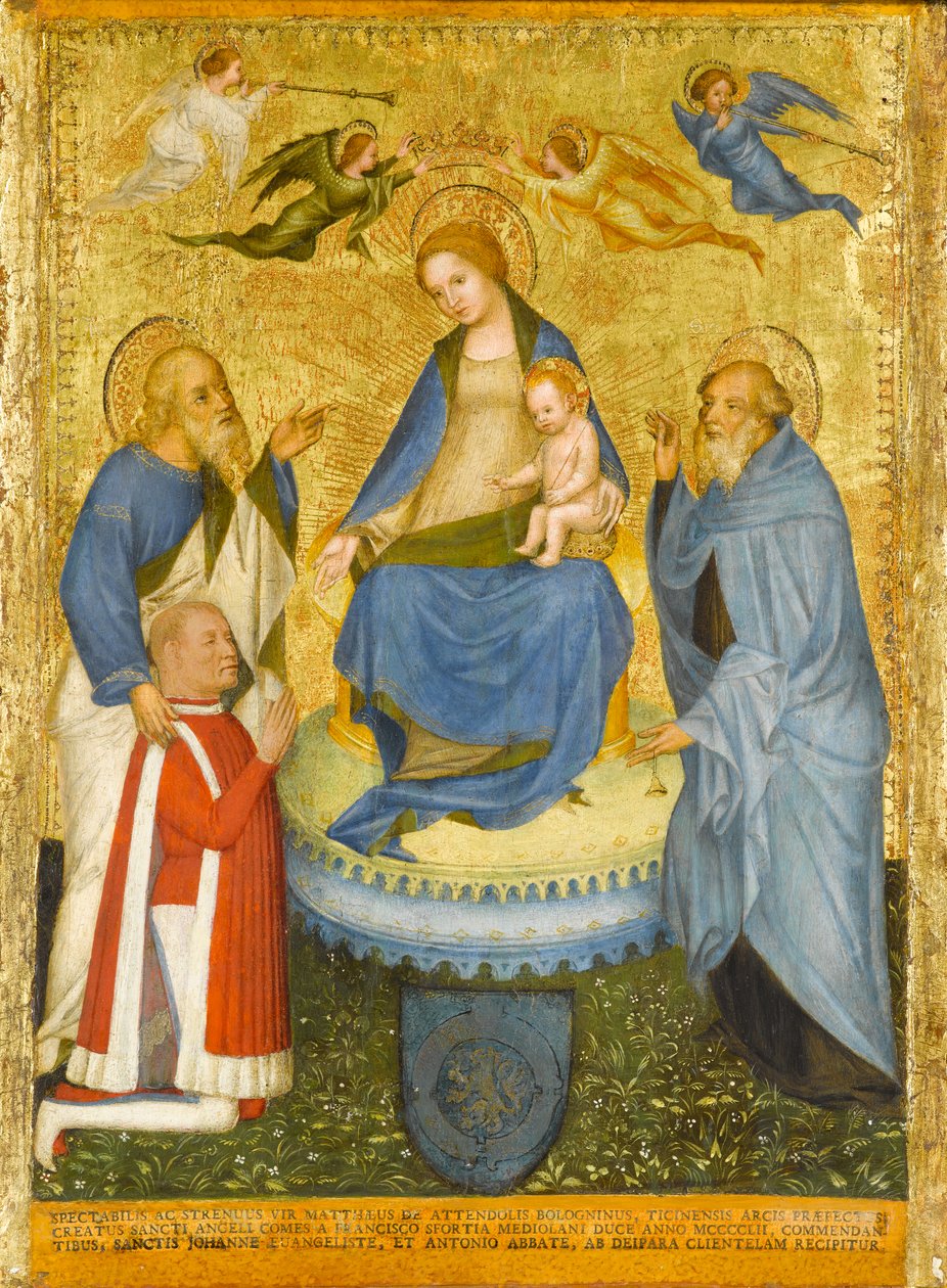 Jomfru og barn kronet af engle med St. John the Evangelist, St. Anthony Abbed og en donor, ca. 1400 af Pavian School