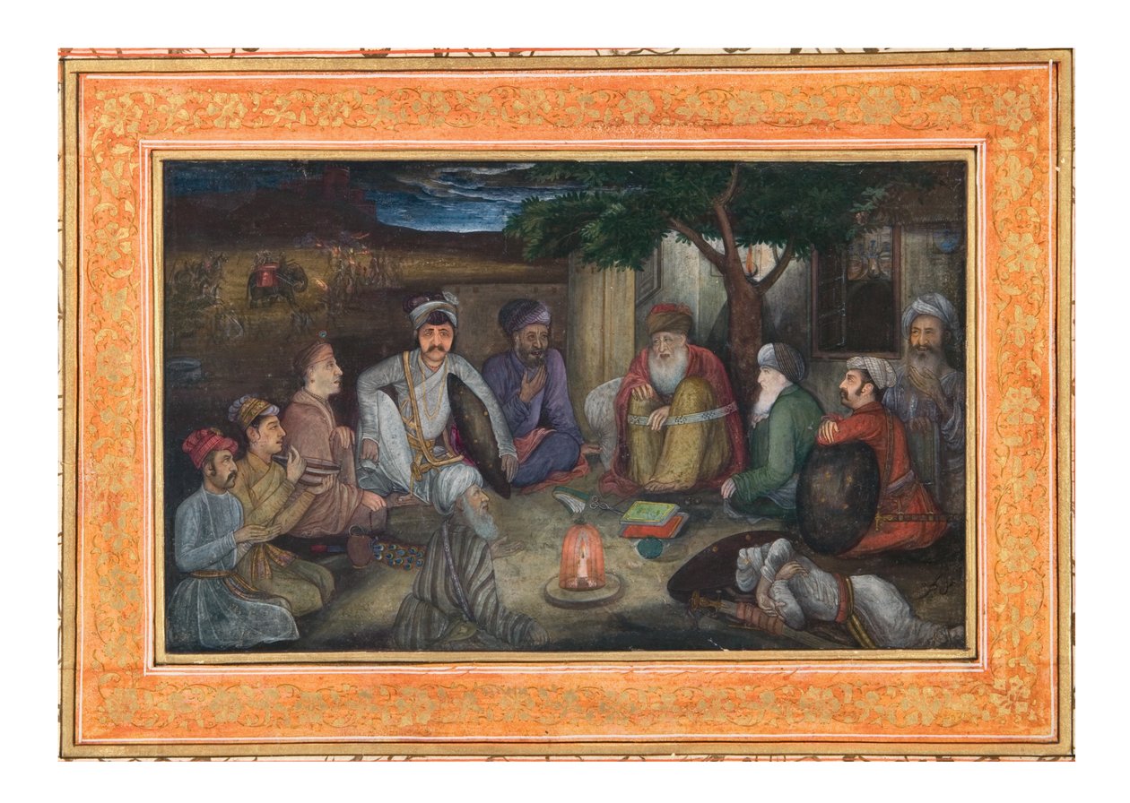 Rejsende samles om natten, ca.1640 (uigennemsigtigt wc og guld på papir) af Payag