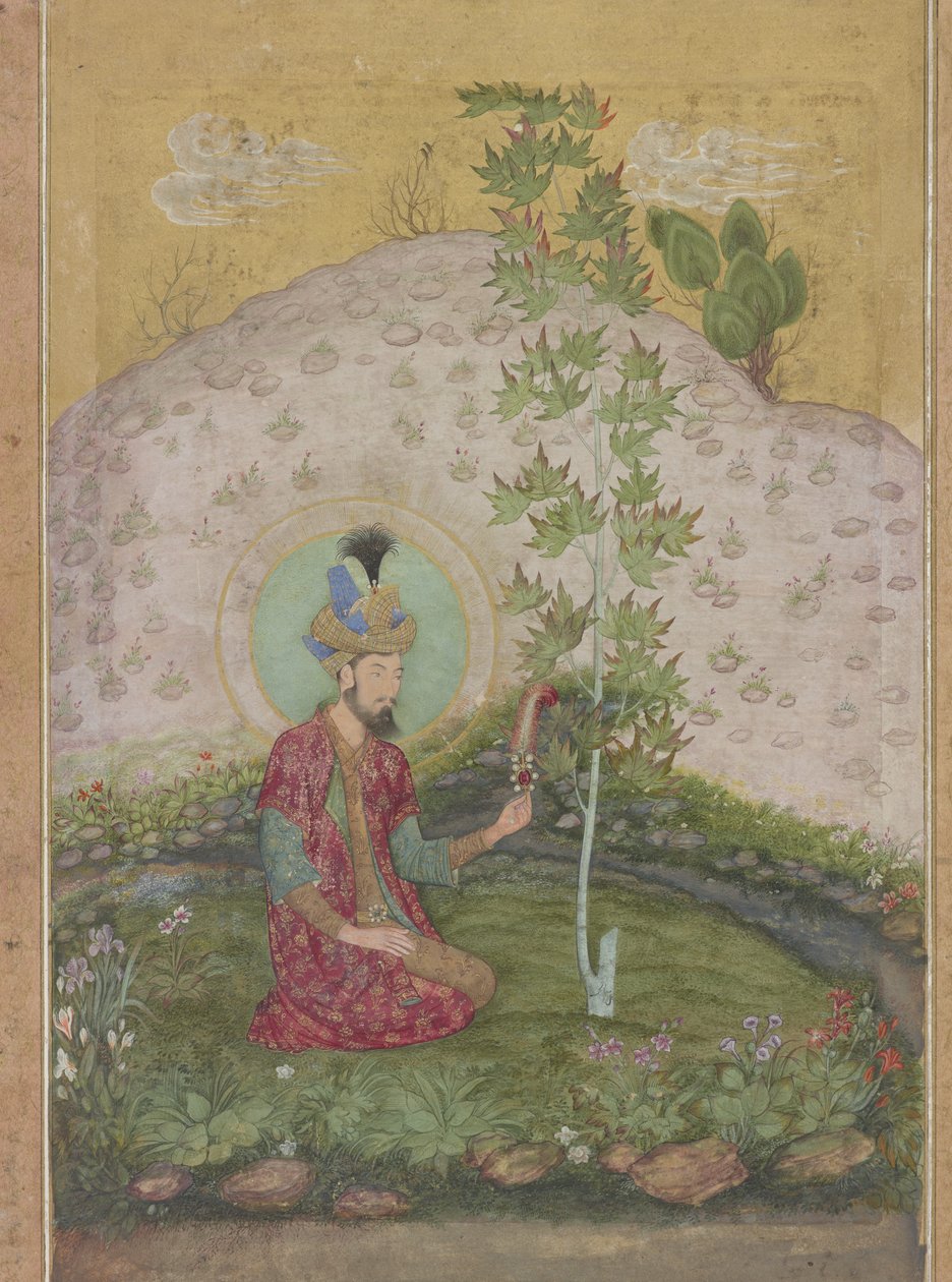 Detalje af Humayun siddende i et landskab, fra det sene Shah Jahan-album, ca. 1650 (wc, blæk og guld på papir) af Payag