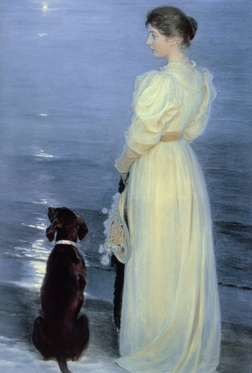 Sommeraften i Skagen, Kunstnerkonen med Hund på Stranden, 1892 af Peder Severin Krøyer