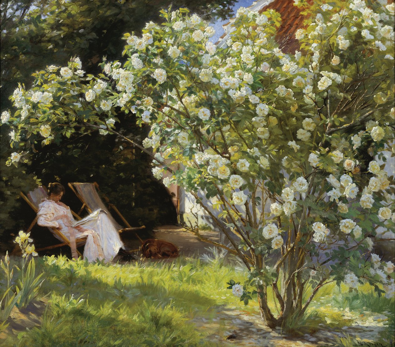 Marie Kroyer siddende i liggestolen i haven ved fru Bendsens hus af Peder Severin Krøyer