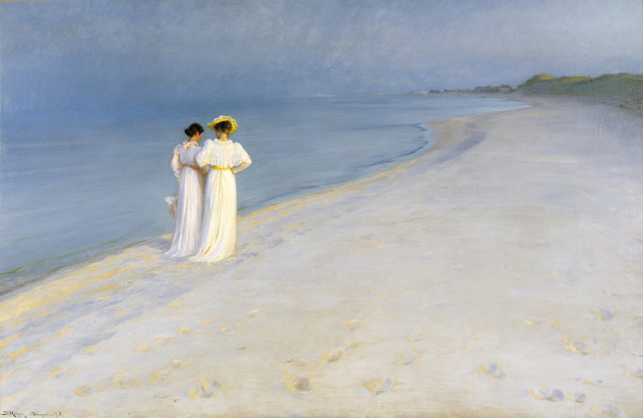 Summer evening on Skagens Beach. Anna Ancher and Marie Krøyer walking together. af Peder Severin Krøyer