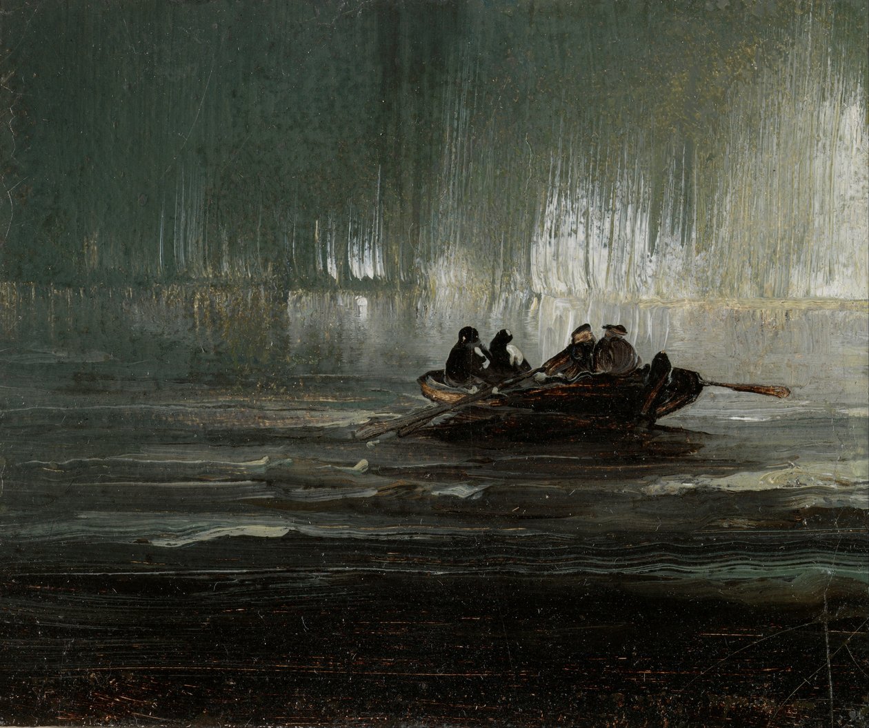 Nordlys over fire mænd i robåd af Peder Balke