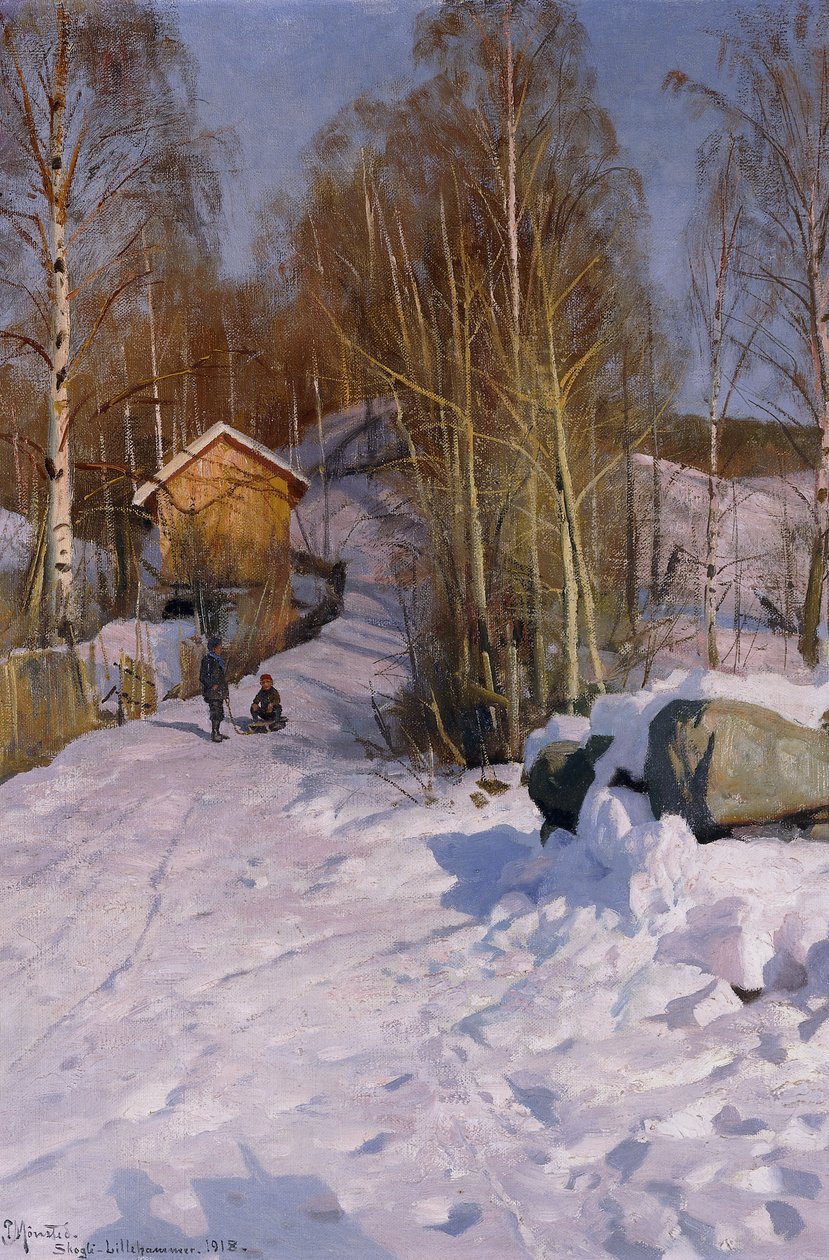 Et vinterlandskab med børn, der slæder af Peder Monsted
