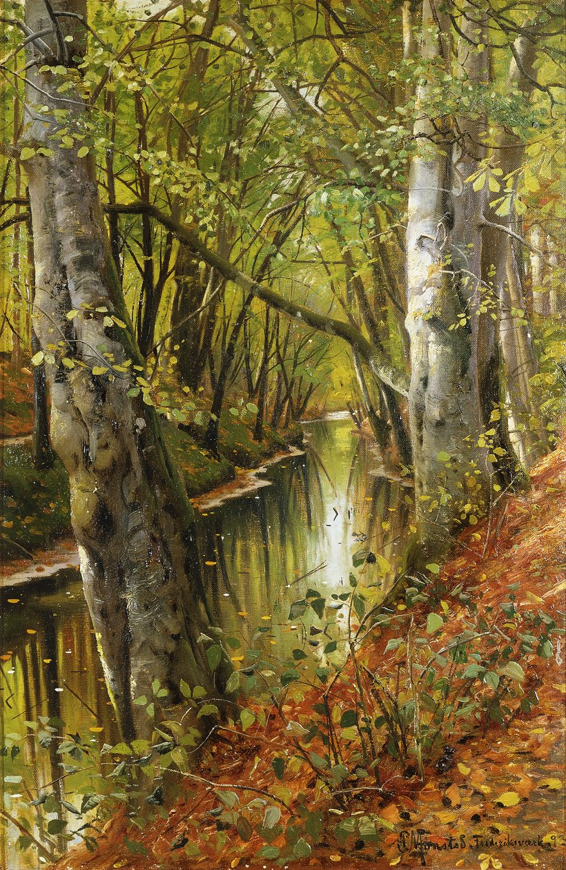 Et skovklædt flodlandskab af Peder Monsted