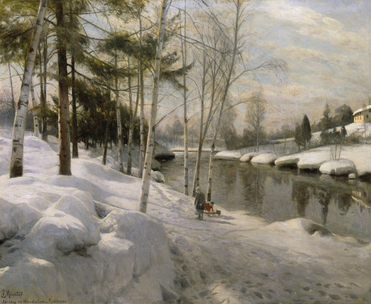 aprildag ved Hunnselva, Raufoss (olie på lærred) af Peder Monsted