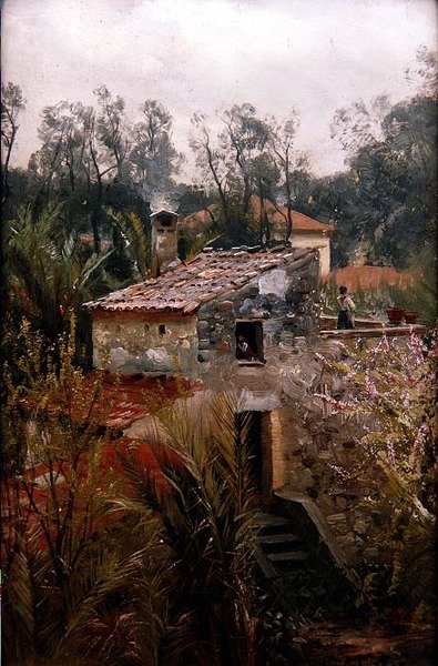Italiensk scene med en villa af Peder Monsted