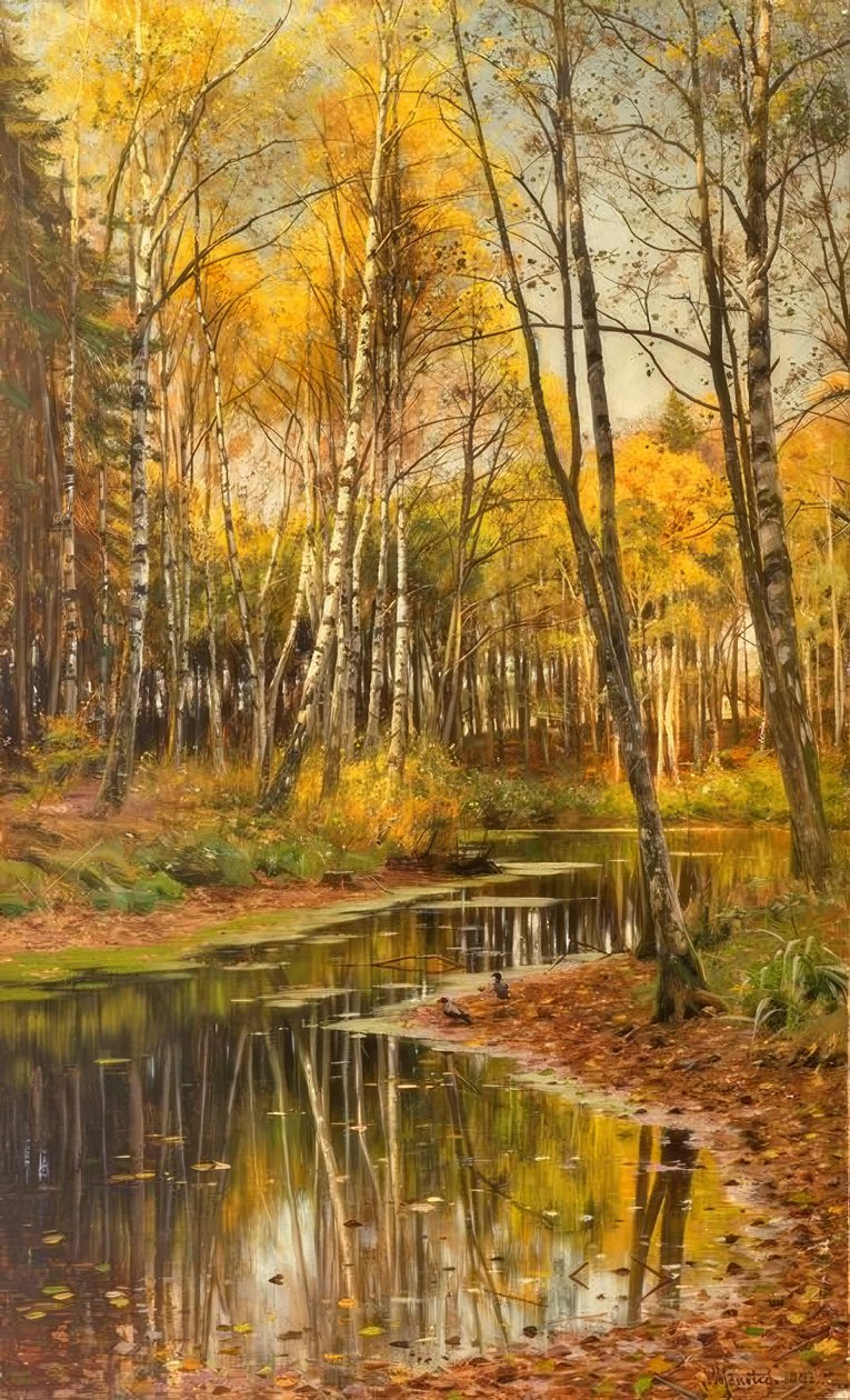 P.Mönsted, birkeskov i efterårslyset af Peder Monsted
