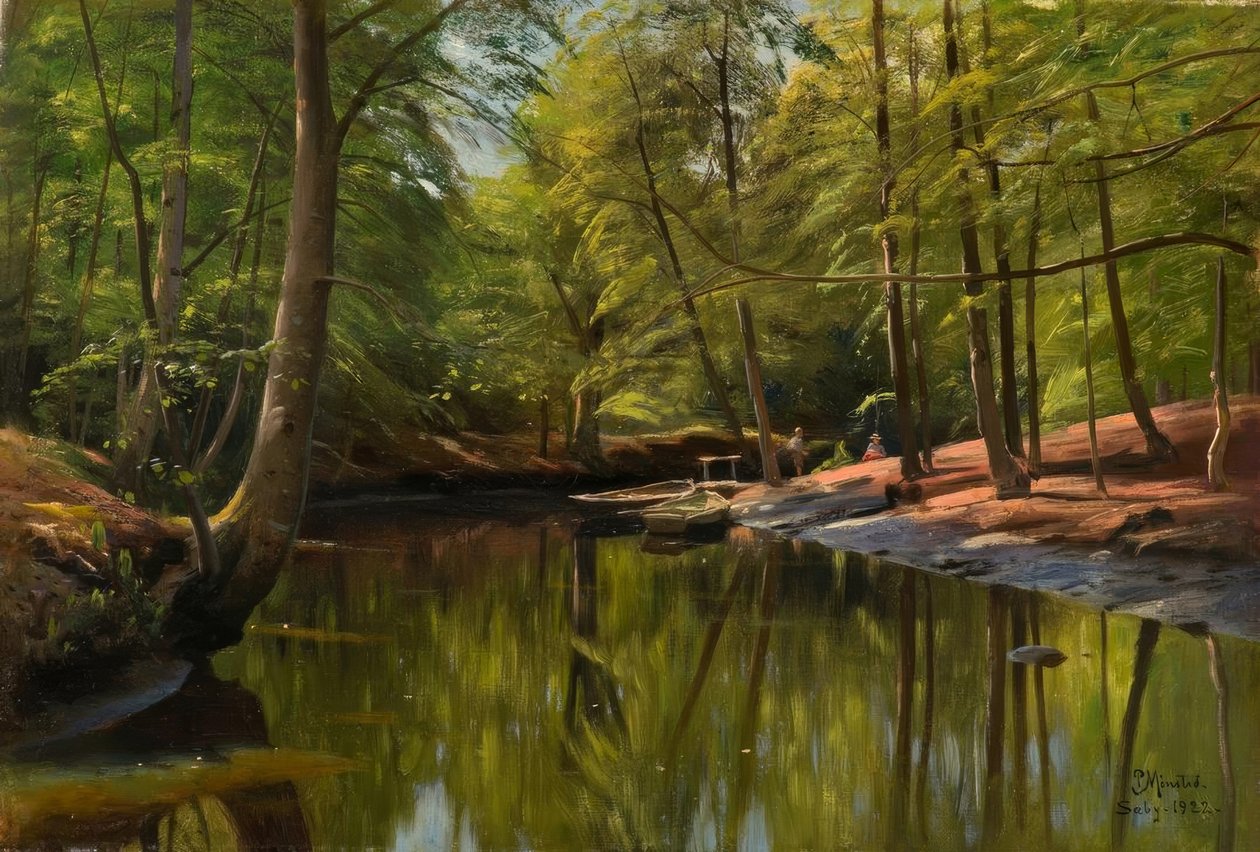 P.Mönsted, sommerdag ved skovstrømmen af Peder Monsted