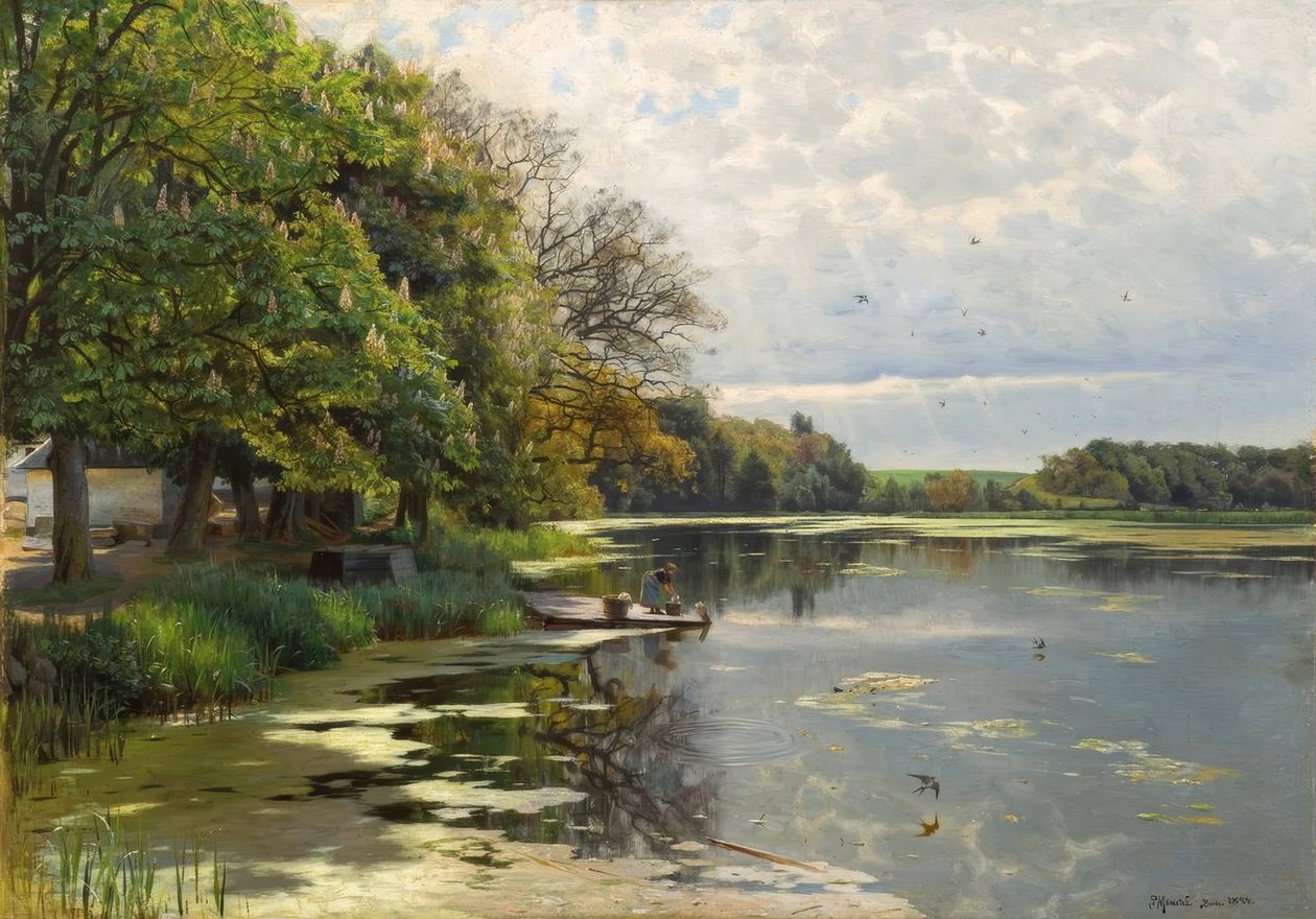 P.Mönsted, solrig forårsdag ved vandet af Peder Monsted