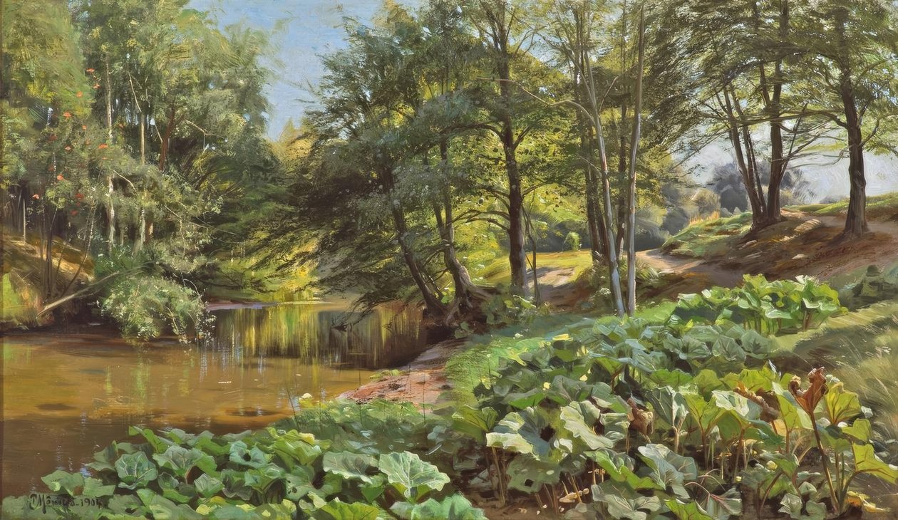 P.Mönsted, solrig majdag ved skovbækken af Peder Monsted