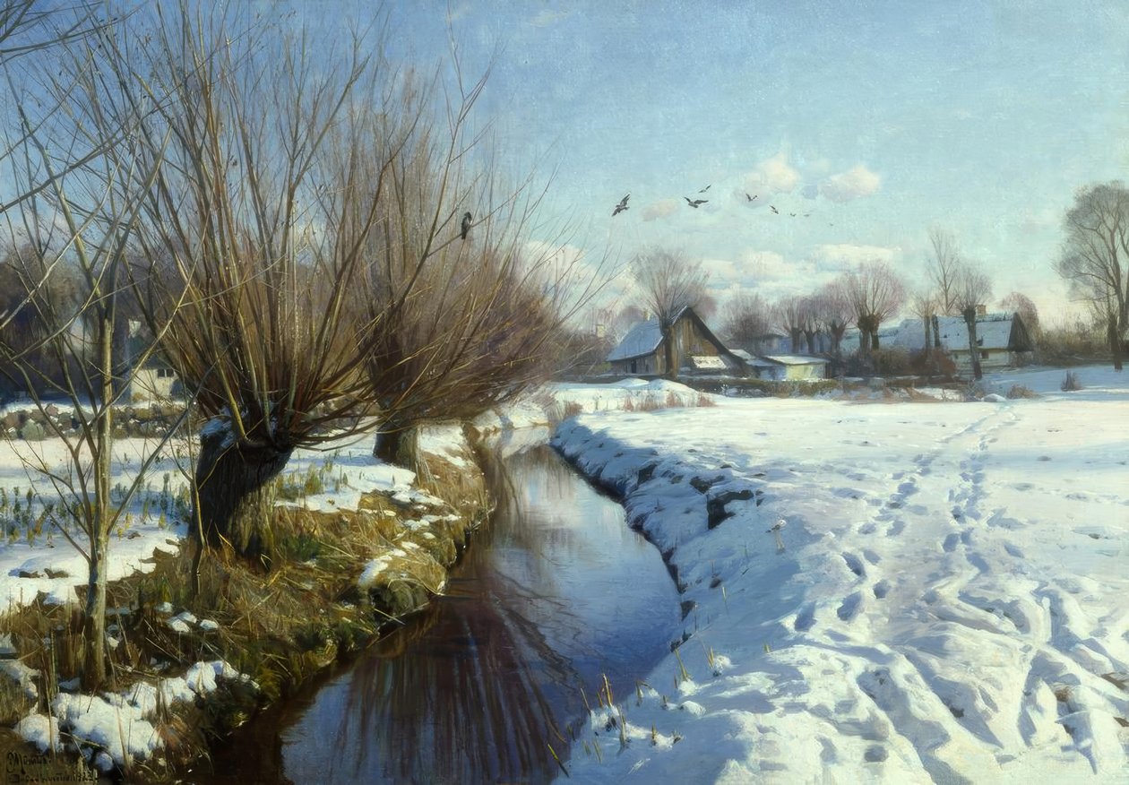 Solrig vinterdag ved bækken af Peder Monsted