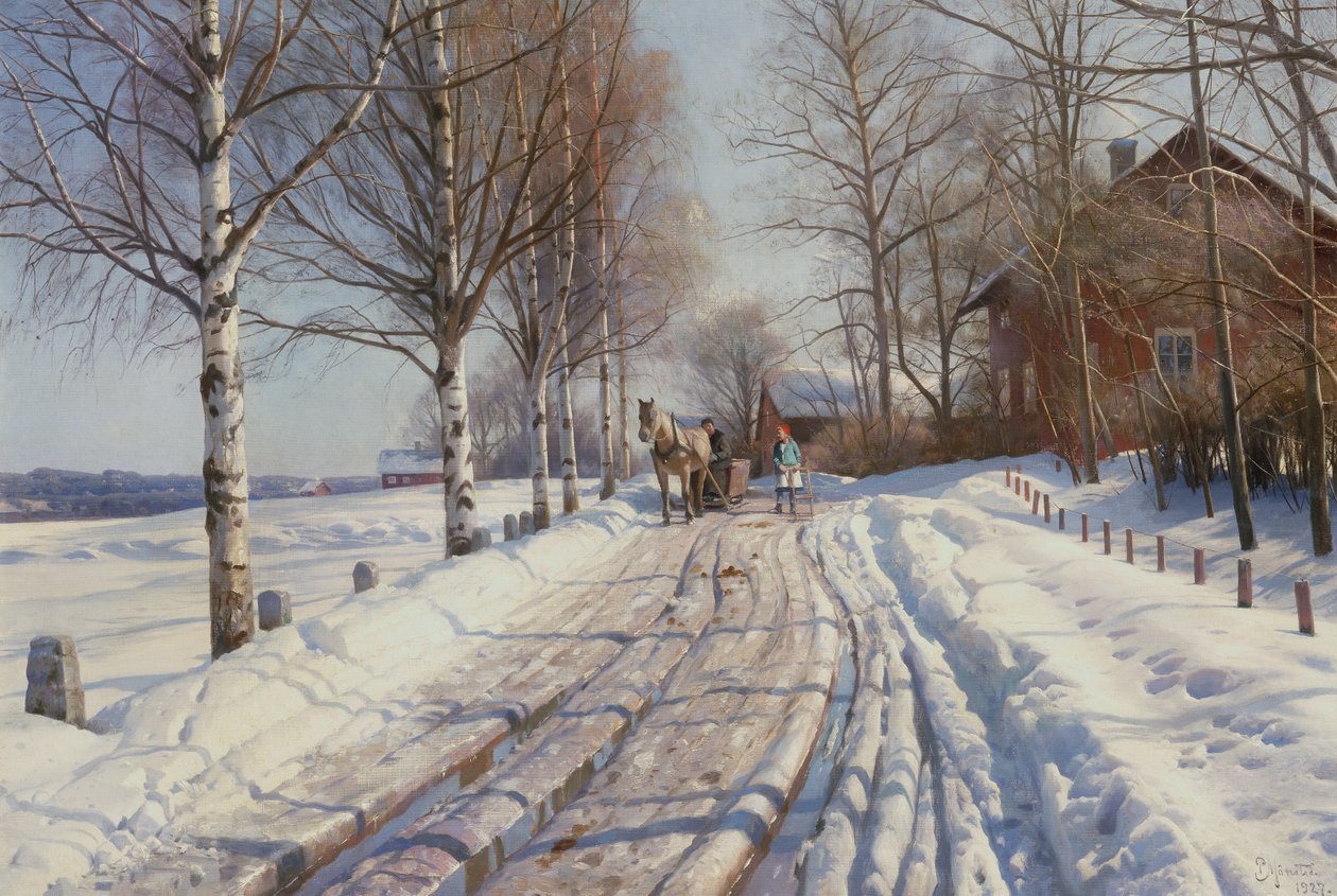 Solrig vinterdag i Vestanvik ved Leksand, Dalarna af Peder Monsted