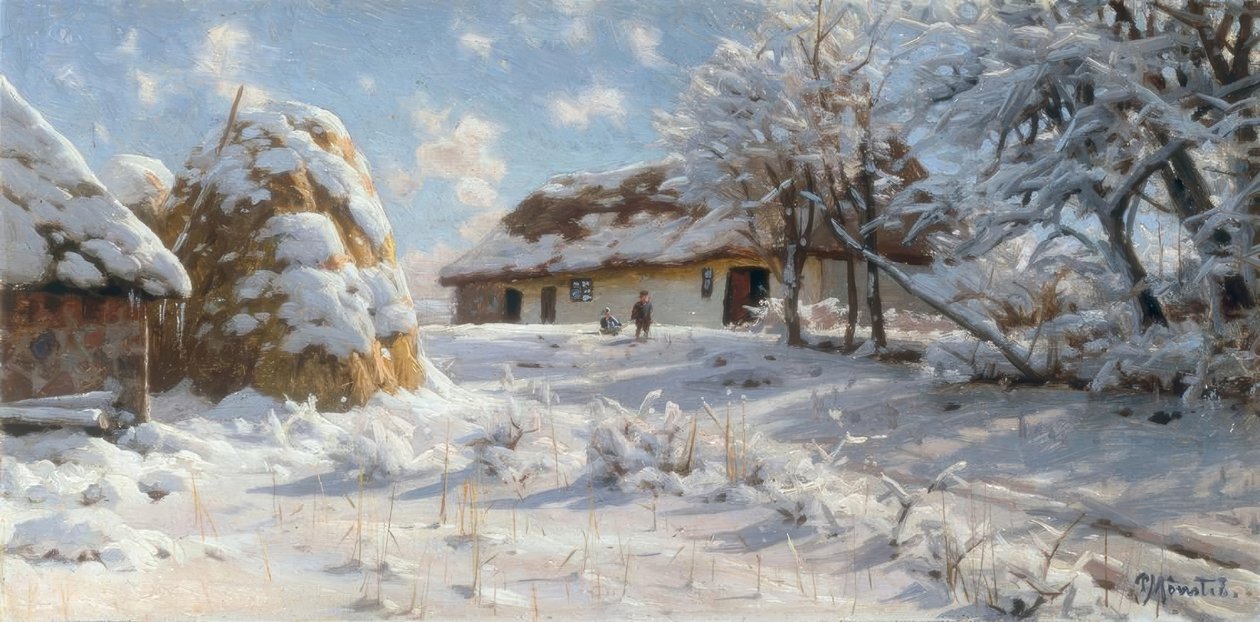 Snedækket landsbylandskab med børneslædekørsel af Peder Monsted