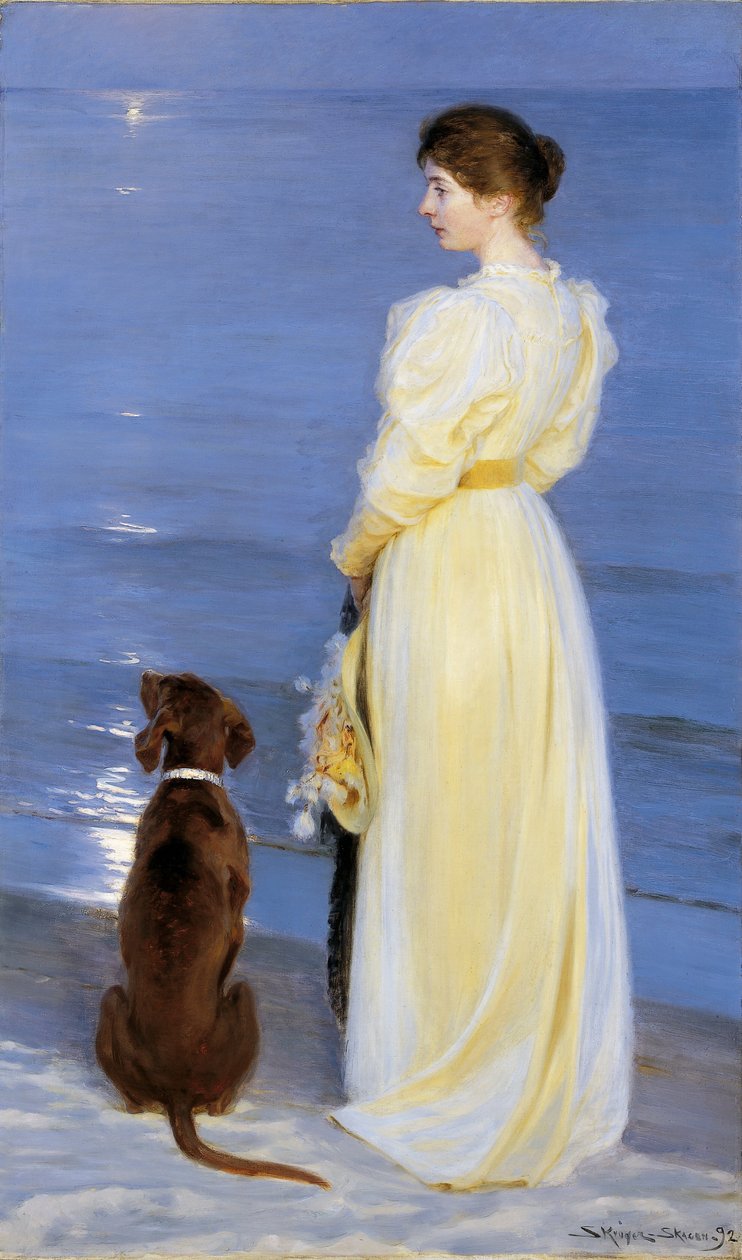 Sommeraften ved Skagen. Kunstnerens hustru med hund ved strandkanten af Peder Severin Krøyer