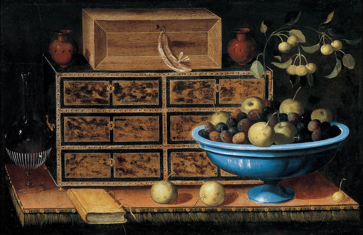 Skrivebord med et lille bryst og en frugtskål af Pedro de Camprobín