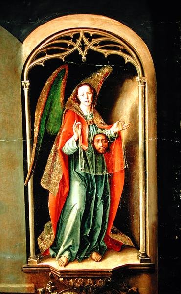 Engel, der holder det hellige ligklæde, detalje fra altertavlen af St. Thomas Aquinas, 1510 af Pedro Berruguete
