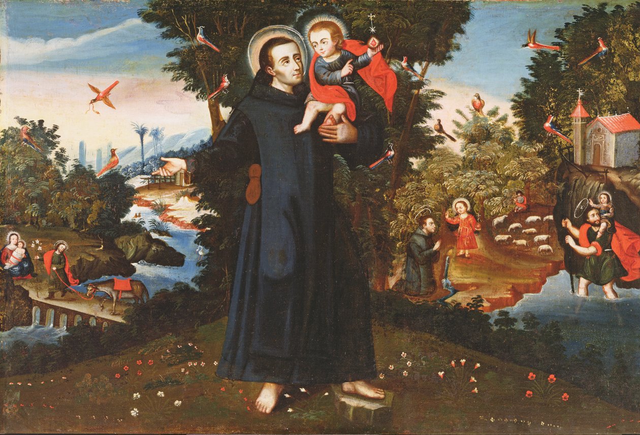 St. John of God (1495-1550) med Kristusbarnet, St. Christopher, St. Augustine og flugten til Egypten af Pedro Nolasco y Lara