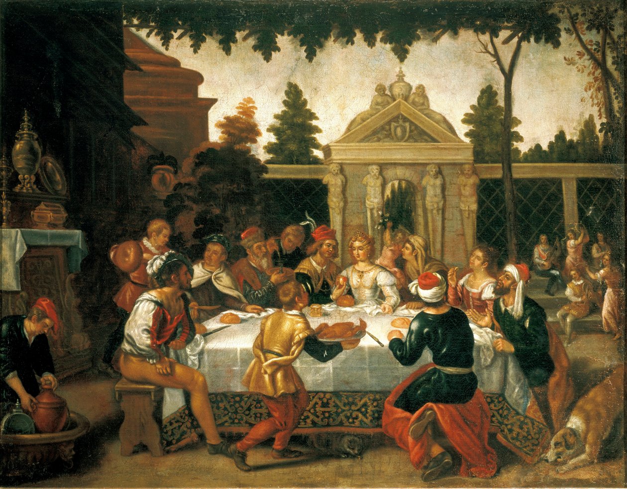 Isaac og Rebeccas bryllupsfest, af en kunstner fra Pedro Orrente-skolen (1580-ca 1645) af Pedro (school of) Orrente