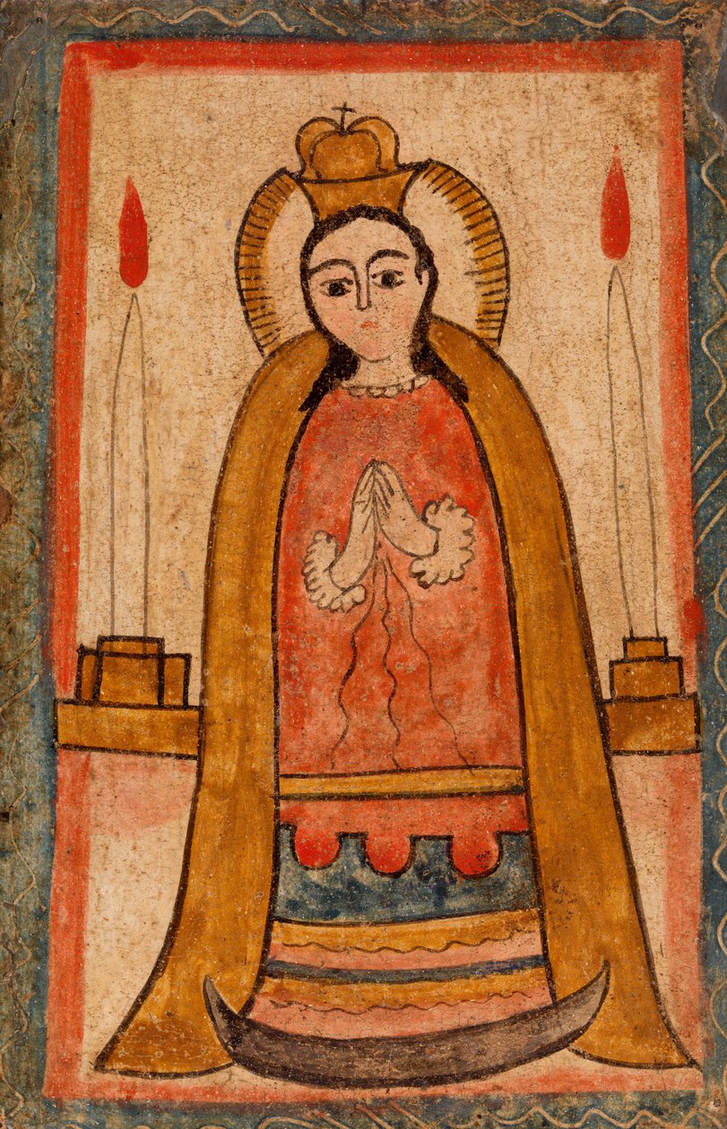 Madonna iført en rød kjole, ca. 1820 (vandbaseret maling på træpanel) af Pedro Antonio Frésquis