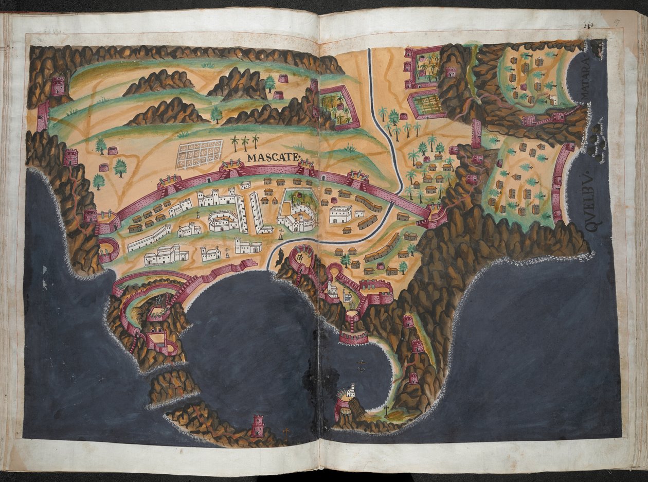 En plan eller et billede af Mascate [Muscat], ca. 1635 (pigment på papir) af Pedro Barretto de Resende