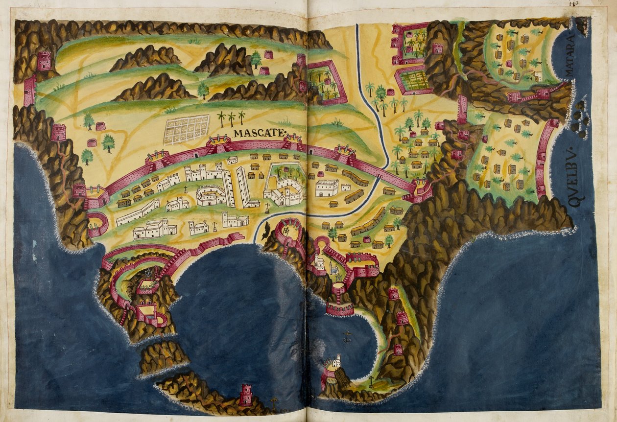Nedenfor portugisisk illustration af Muscat, fra manuskriptet Livro do Estado da India Oriental af Pedro Barreto de Resende, Sloane MS 197 af Pedro Barretto de Resende