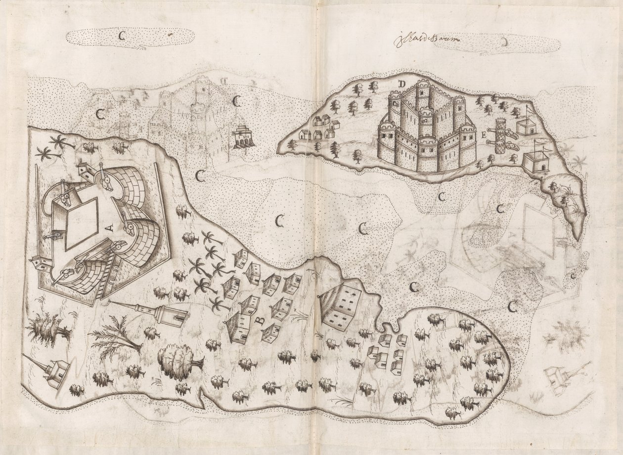 Portugisisk plan over Bahrain-øerne, Livro do Estado da India Oriental af Pedro Barreto de Resende, Sloane MS 197, f.165v-166r (pen og blæk på papir) af Pedro Barretto de Resende