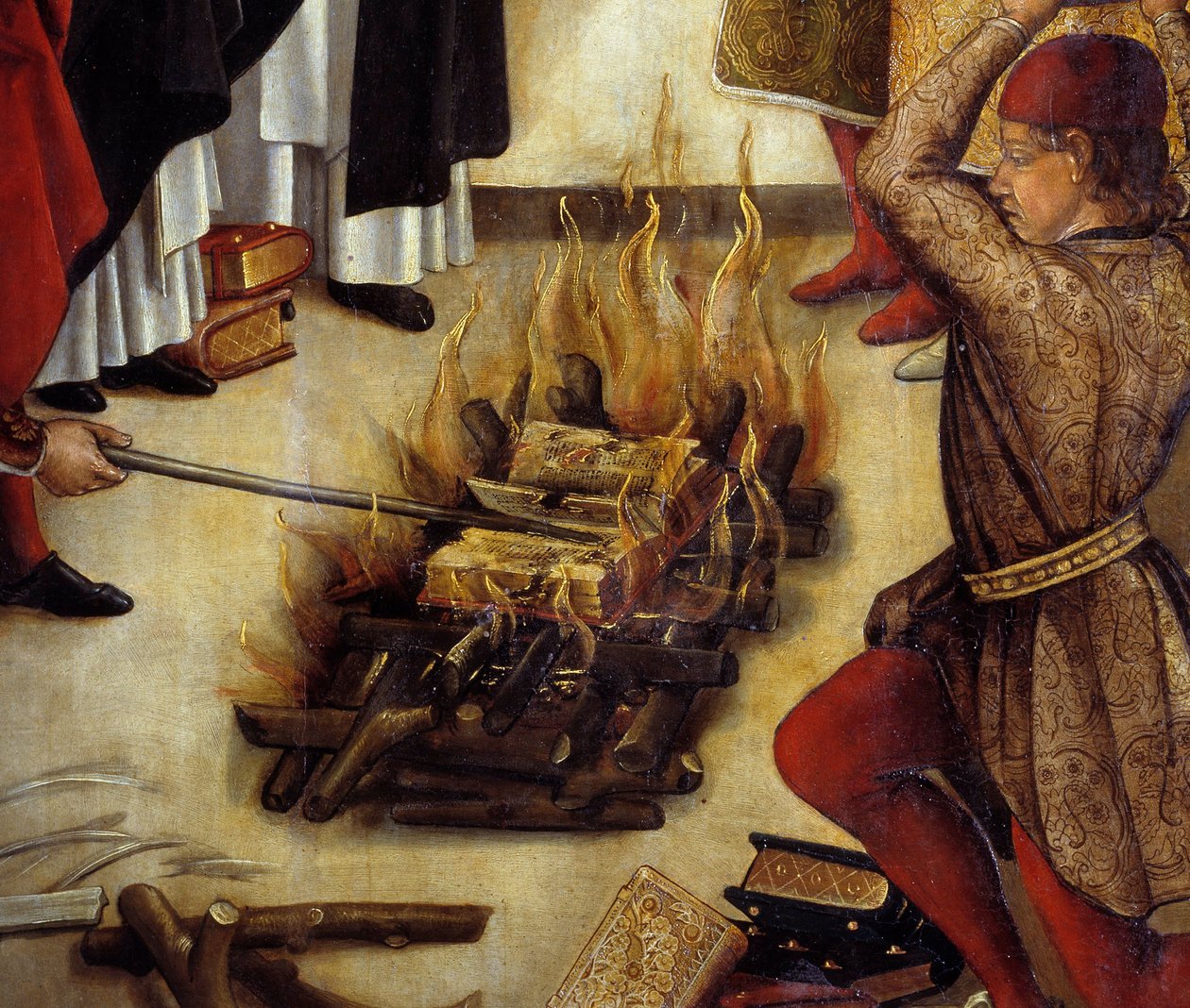 Detalje af "" Saint Dominique et les Albigeois"" (Le Miracle des Fanjeaux): helgenen giver albigeoiserne bogen, der modbeviser deres kætteri, og albigeoiserne forsøger at brænde den, uden held. Maleri af Pedro Berruguete (1450-1504). 16. århundrede søn. 1, af Pedro Berruguete