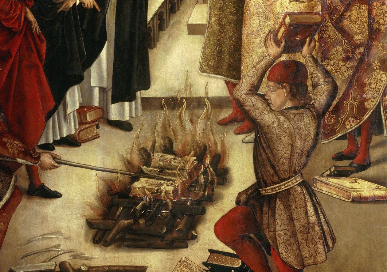 Detalje af "" Saint Dominique et les Albigeois"" (Le Miracle des Fanjeaux): helgenen giver albigeoiserne bogen, der modbeviser deres kætteri, og albigeoiserne forsøger at brænde den, uden held. Detalje. Maleri af Pedro Berruguete (1450-1504). 16. århundred af Pedro Berruguete